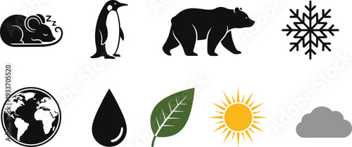 Climate change and global warming icon set, polar animals earth water leaf sun cloud vector illustration collection