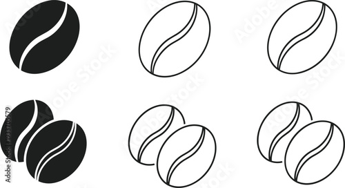 Coffee bean icon set, black and outline roasted arabica beans vector illustration for cafe logo branding design