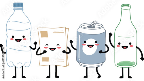 Recyclable cartoon characters holding hands in a recycling symbol