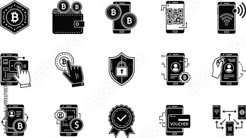 Cryptocurrency and mobile payment icon set, bitcoin wallet, QR code scan, digital security and online transaction symbols