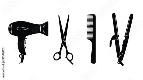 A hair dryer, scissors, comb, and straightener on a colorful background