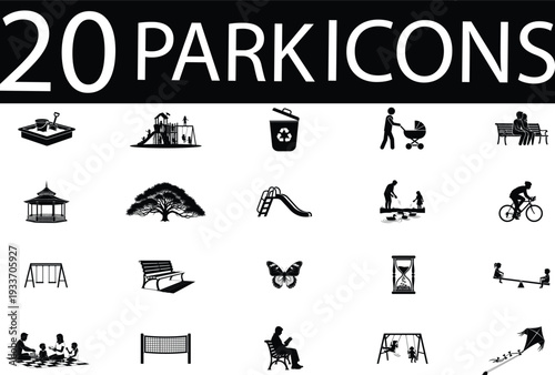 Collection of 20 park icons in black and white