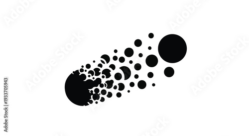Dynamic burst of black particles expanding outwards on a clean white background