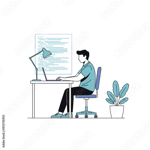 Man Working on Laptop at Desk.