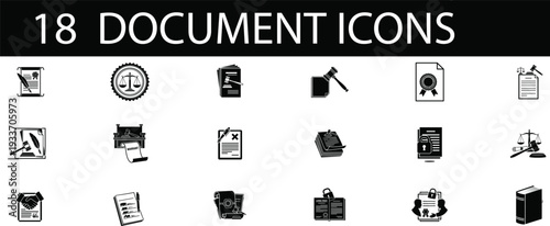 Collection of 18 various document icons in black and white