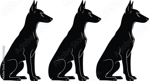 Doberman dog silhouette set, elegant guard dog sitting profile black vector illustration isolated on white background design