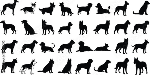 Dog breed silhouettes collection set, various domestic canine profiles standing and sitting vector illustration isolated on white