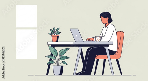 Woman working on laptop at desk with plants in modern home office space with natural light
