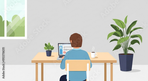 Man working on laptop at wooden desk with plants in modern office space with gray walls and window