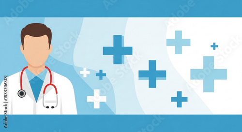 Medical professional with stethoscope and plus signs on blue background for healthcare concepts