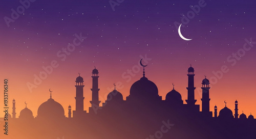 Silhouette of a mosque with minarets and domes against a vibrant sunset sky with a crescent moon