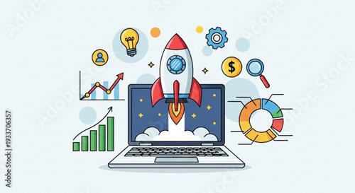 Rocket launching from laptop screen with business growth charts and icons around it