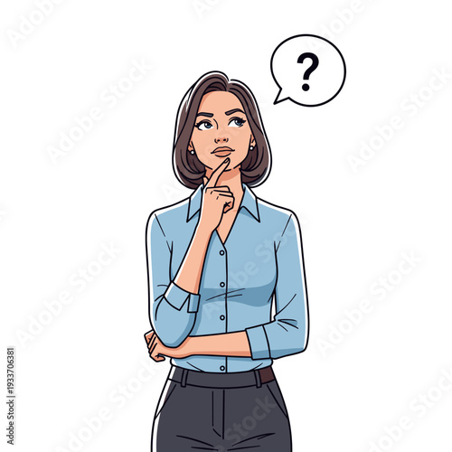 Woman Thinking with Question Mark Speech Bubble.