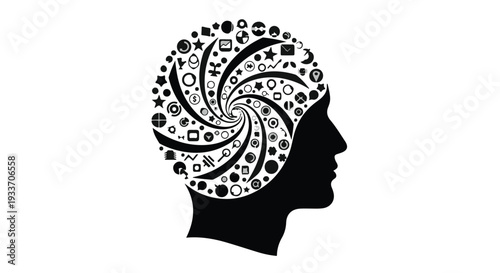 Abstract swirl of social media and technology icons forms a thought in a human head silhouette