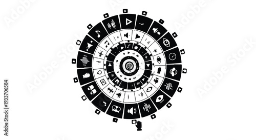 Abstract circular diagram with diverse icons representing technology and media