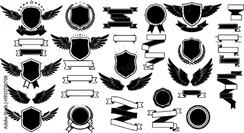 Heraldic Crests, Shields, Banners  Wings: A Collection of Vintage Vector Elements