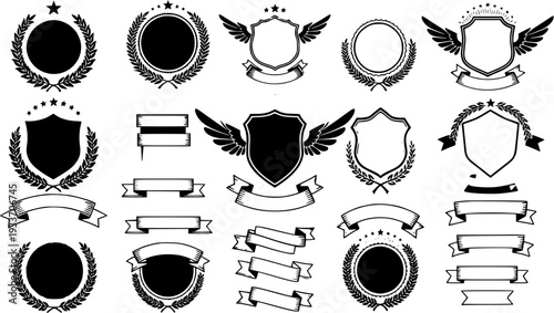 Vintage Emblem Elements: Vector Collection of Shields, Laurels, and Banners for Heraldic Design