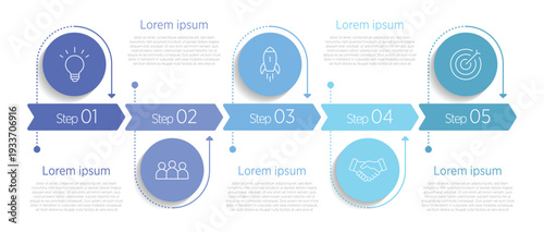 Minimalist infographic template featuring 5 connected circles arranged in a horizontal sequence. Each circle includes space for icons, numbers, or text, ideal for illustrating steps, stages.