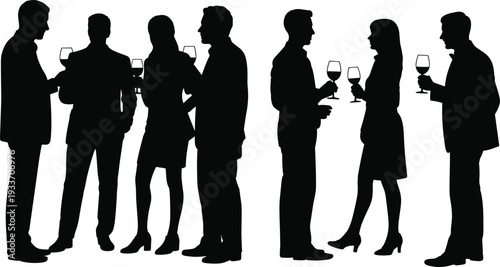 Silhouettes of business professionals holding wine glasses at corporate networking event, men and women isolated on white background, social communication concept