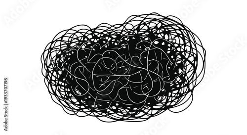 Abstract chaotic tangle of black lines on a white background, symbolizing confusion or a complex problem