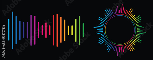 Colorful neon sound wave spectrum on black background, modern music visualization, vibrant gradient bars.