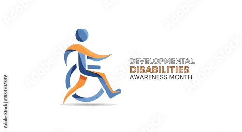 Illustration of a person in motion with a blue and orange design for Developmental Disabilities Awareness Month with a supportive community background.