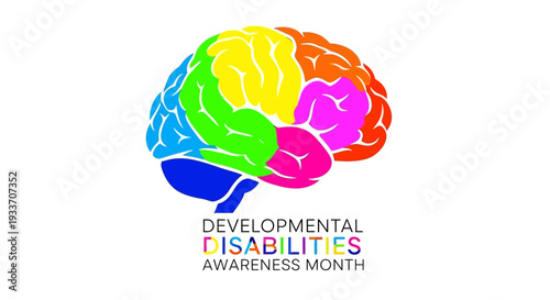 Colorful brain illustration supporting Developmental Disabilities Awareness Month with a vibrant, multicolored design on a clean background, promoting inclusivity and support.