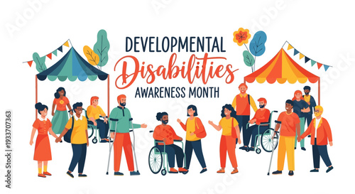 Illustration of diverse people supporting Developmental Disabilities Awareness Month with inclusive community and accessibility themes.