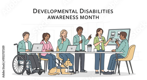 Illustration of diverse people with disabilities collaborating in an inclusive community setting for Developmental Disabilities Awareness Month with a supportive mood.
