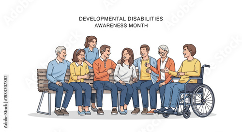 Illustration of diverse group of people sitting on a bench and in a wheelchair for Developmental Disabilities Awareness Month with colorful vector graphics and inclusive community support.