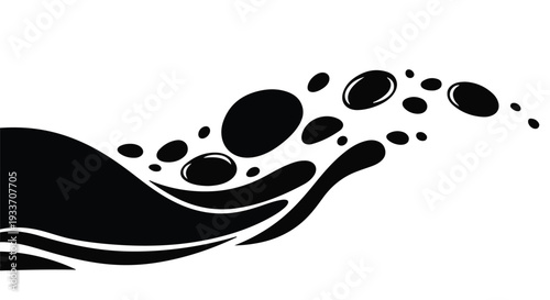 Abstract dynamic black liquid splash with bubbles on white background