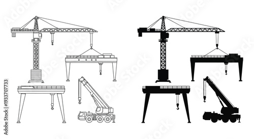 Detailed architectural drawings showcase construction cranes and machinery in both line art and bold silhouette high quality professional