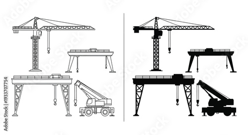 Detailed architectural plans showcasing construction cranes and bridge infrastructure in a stark silhouette high quality professional detailed modern