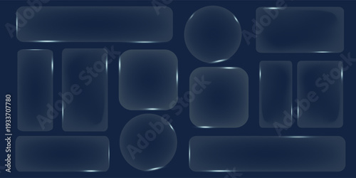 Set of frames and design UI UX elements in the style of liquid glass. Collection of translucent geometric shapes with glassy effect on a dark background. Includes rectangles, circles, and ovals.