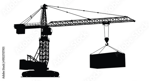 A stark black silhouette of a construction crane lifting a container showcasing industrial power and scale silhouette