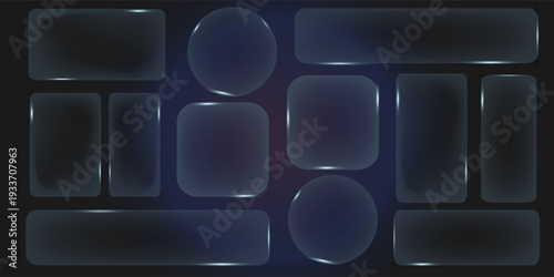 Set of frames and design UI UX elements in the style of liquid glass. Collection of translucent geometric shapes with glassy effect on a dark background. Includes rectangles, circles, and ovals.