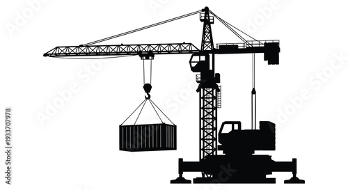 A striking black silhouette of a large construction crane lifting a shipping container architecture silhouette high quality professional