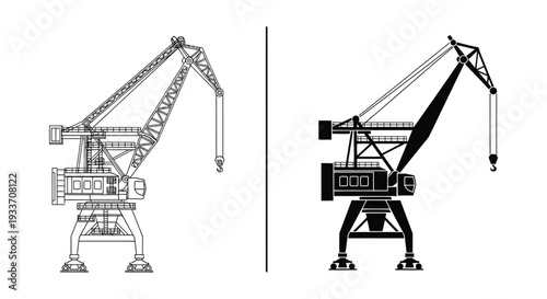 Detailed technical drawings depict a large industrial crane from two perspectives showcasing its complex structure silhouette