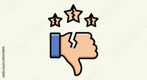 Broken Thumbs Down Icon With Cracked Stars Above.