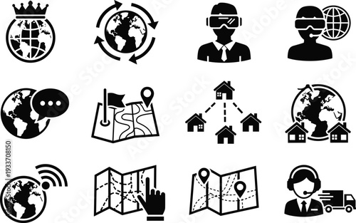 Global communication and navigation icon set, world map, location pin, virtual reality, logistics and connectivity symbols