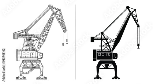 Detailed technical drawings depict two views of a large industrial crane presented as a silhouette high quality professional