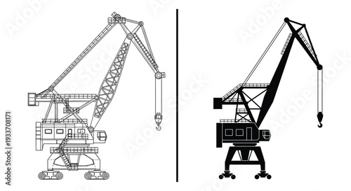 Detailed linear illustrations showcase two large construction cranes in contrasting views a striking silhouette high quality professional detailed