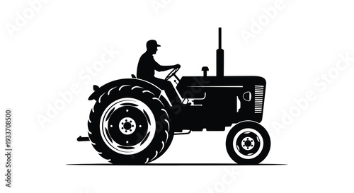 A striking black silhouette depicts a farmer operating a vintage tractor in a rural setting silhouette high quality