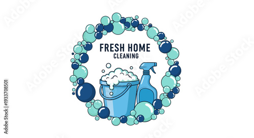 Fresh Home Cleaning Service Logo with Bubbles and Cleaning Supplies.