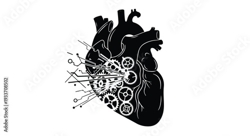 Intricate mechanical heart illustration with circuits symbolizing technology and life