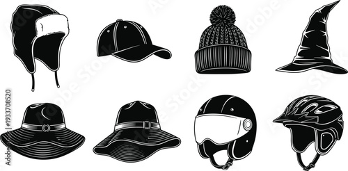 Hat and helmet silhouette icon set, winter beanie, baseball cap, wizard hat, sun hat and protective headwear collection