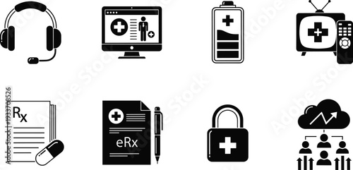 Healthcare technology and medical service icon set, telemedicine prescription security battery support vector illustration collection