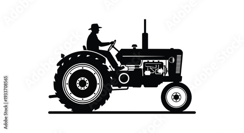 A striking black silhouette depicts a farmer operating a vintage tractor in open countryside silhouette high quality professional