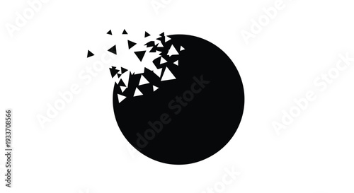 Black circle fragmenting into small triangles against a white background, symbolizing change and dissolution.
