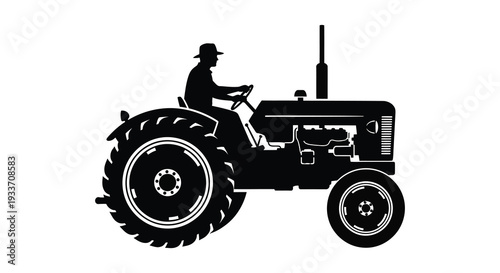A striking black silhouette depicts a farmer operating a vintage tractor in a rural setting silhouette high quality